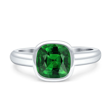 Bezel Set 7mmX7mm Cushion Engagement Ring Simulated Green Emerald 925 Sterling Silver Wholesale